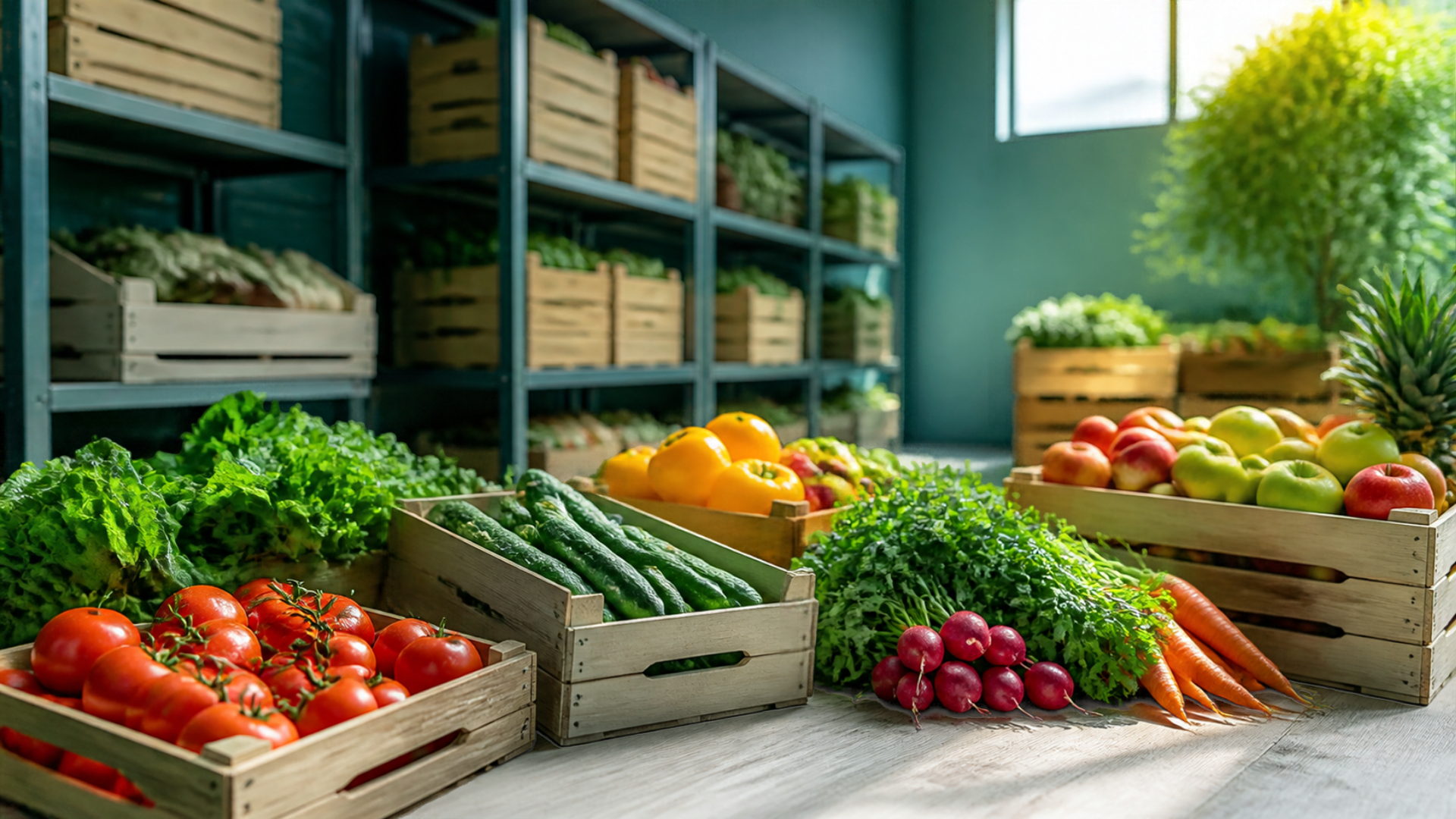 Crates of fresh produce on a pale wooden bench in a bright sourcing space